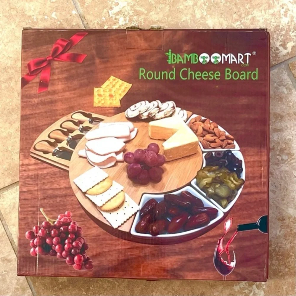 BAMBOO Round Cheese Board w/ Serving Utensils!